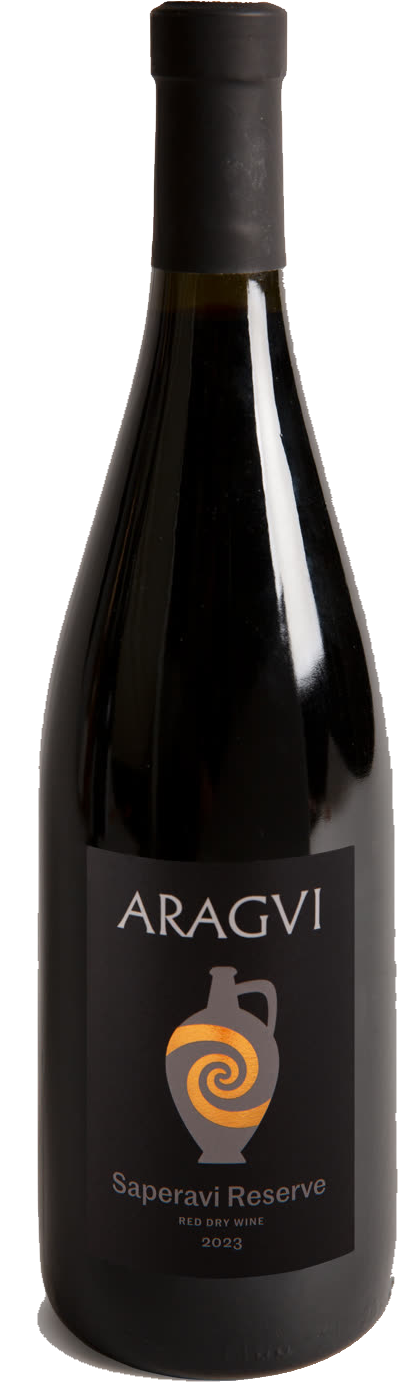 ARAGVI Saperavi Reserve 2023, the flagship dry red, shown cut out on warm cream paper